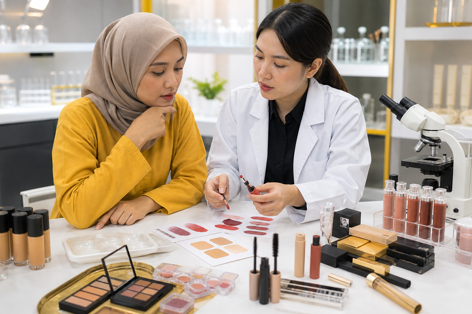 Founder kosmetik menyemak sample makeup, warna, tekstur dan packaging bersama konsultan OEM