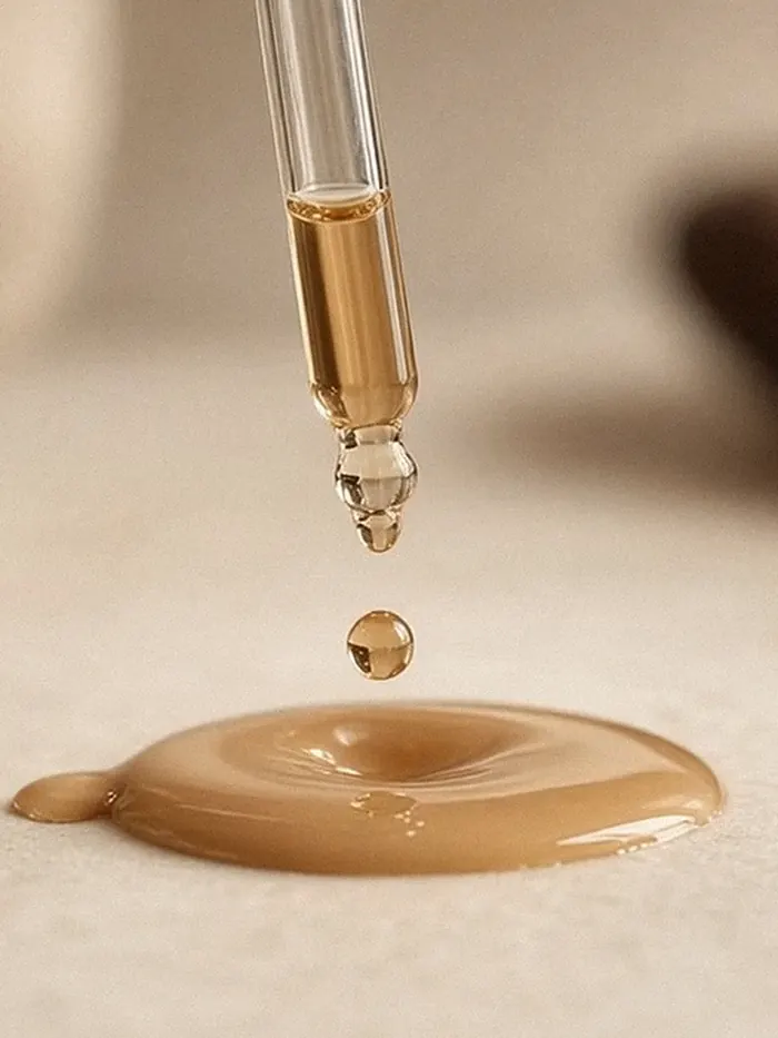 Titisan cecair dari dropper ke atas genangan berwarna tan