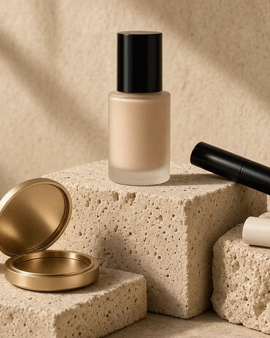 Eyeshadow palette, compact dan botol foundation di atas blok batu berwarna krim